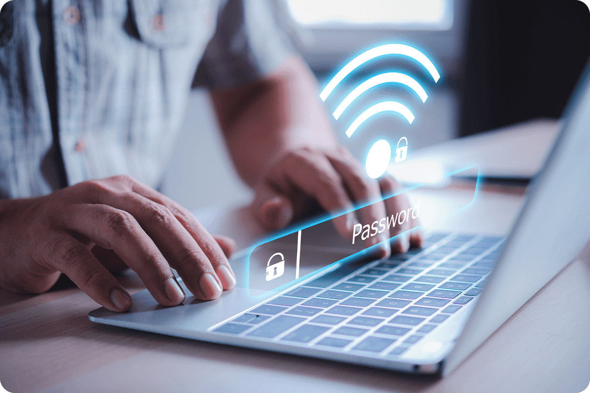 Person using Laptop to search the Internet using Wi-Fi with Optimum